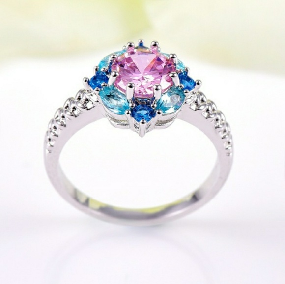 Pink & Blue Sapphires Floral Sterling Silver Ring - Picture 4 of 9